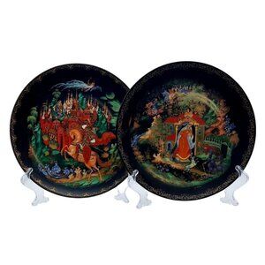 Tianex Russian Legends Black Porcelain Wall Plates Ruslan & Ludmilla Set Of 2